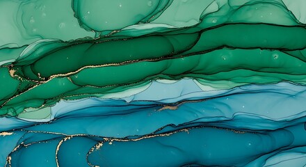 Abstract swirling greens and blues with gold accents