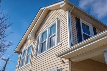 Handyman installs vinyl PVC siding on a new home, showcasing a well-crafted construction facade under clear blue skies