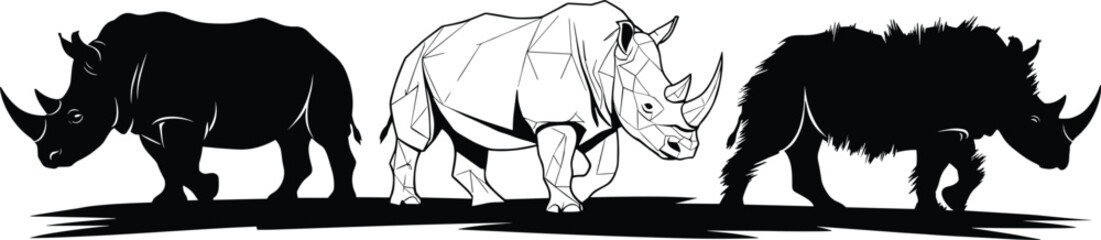 Rhinoceros silhouette vector illustration set showing wild rhino animals in geometric, realistic, and furry styles for wildlife design