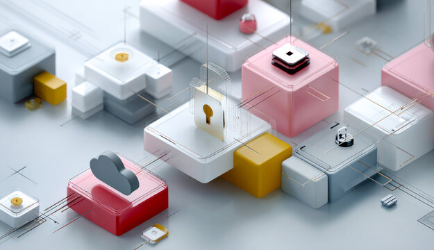 Digital workspace with computer, smartphone, and cloud Data representing data security, cloud storage, and cybersecurity technology in a clean minimalistic design