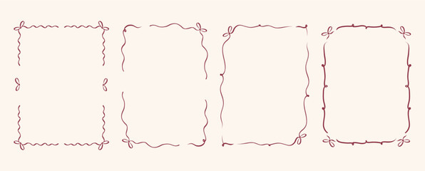 Trendy doodle hand drawn frames with wavy lines bows. Minimalist line art. Borders for wedding invitations, birthday card, menu, prints. Vector illustration.