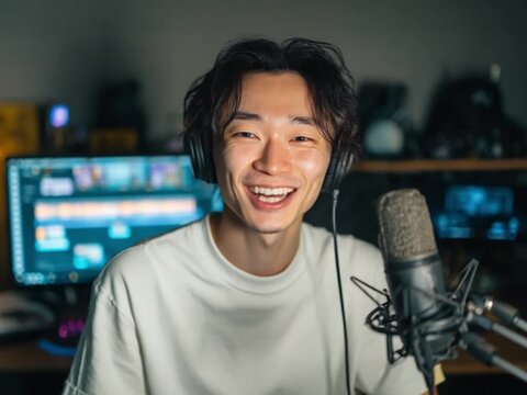 Enthusiastic Content Creator: A vibrant individual beams with a genuine smile as he engages in the craft of digital content creation, embodying the spirit of creativity and tech.
