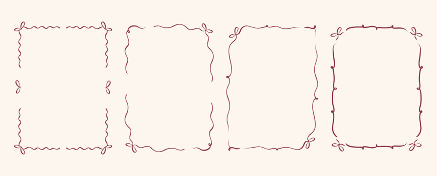 Trendy doodle hand drawn frames with wavy lines bows. Minimalist line art. Borders for wedding invitations, birthday card, menu, prints. Vector illustration.