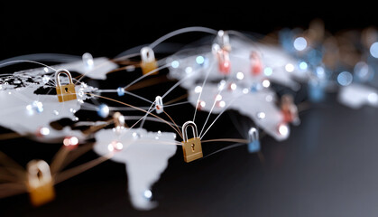 Global cybersecurity network concept showing interconnected padlocks across a world map, symbolizing data protection and secure digital across international connections