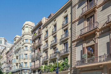 Historic Eixample Buildings Facades with Balconies in Barcelona, Spain