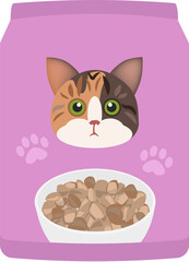 Illustration of Cat Food Packaging with cute Calico Cat 