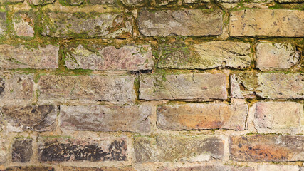 Weathered brick wall close-up background.