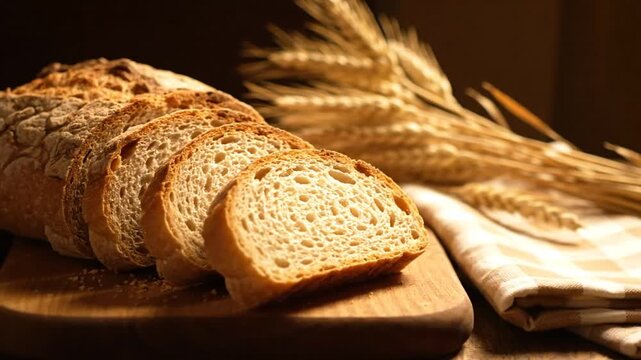 Warm bread sliced on wooden board