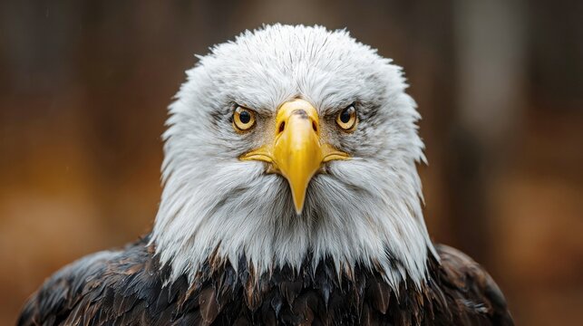 Majestic bald eagle portrait with piercing yellow eyes and white feathered head, powerful American bird of prey in natural wildlife habitat
