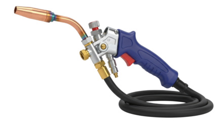Industrial Welding Torch with Blue Handle and Hose Isolated PNG Cutout Transparent