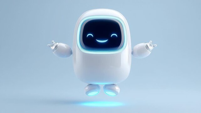 A cute robot friendly mascot smiling face with blue glow, 3d render glossy white android character, minimal background futuristic design, floating and standing poses, open arms, soft lighting joyful