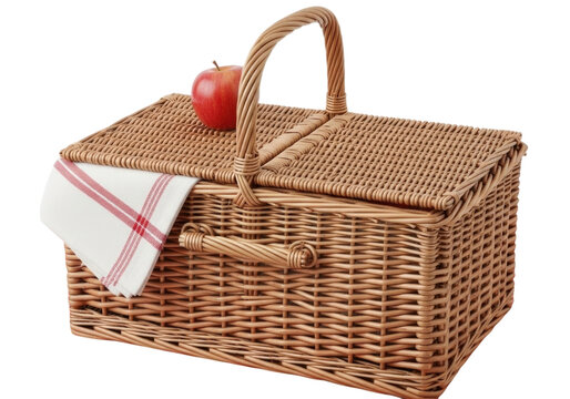 Traditional Wicker Picnic Basket with Apple and Napkin Isolated PNG Cutout Transparent