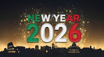 New year 2026 celebration in italy with rome skyline and fireworks