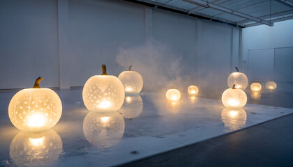 collection of translucent ice pumpkins arranged in a surreal art installation, each 