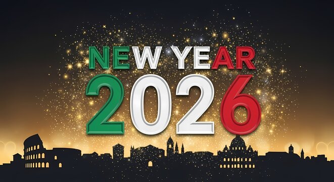 New year 2026 celebration in italy with rome skyline and fireworks - Powered by Adobe