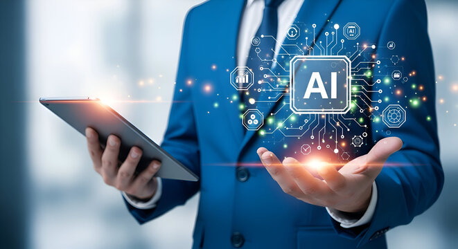 A man is holding a tablet with an ai icon on it