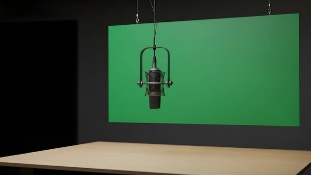 A studio setup featuring a microphone suspended in front of a green screen, ready for recording.