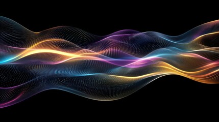 Holographic interference waves flowing across black background creating luminous particle streams with cyan magenta orange light forming dynamic wavelike patterns