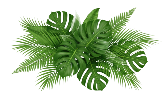 Lush Tropical Leaves Arrangement Monstera Fern Palm Isolated PNG Cutout Transparent