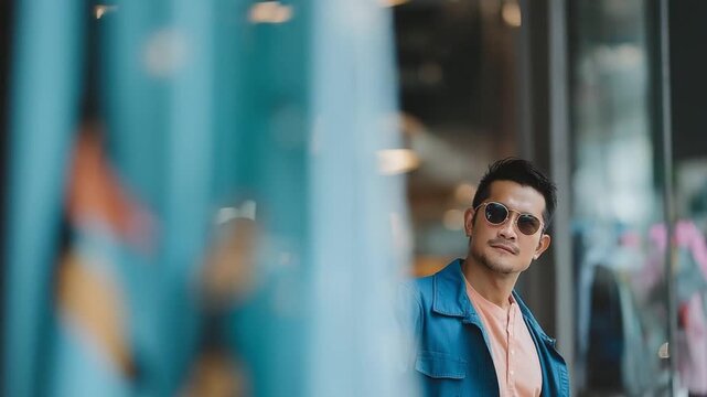 Stylish Man Urban Scene: A handsome man exudes charm and confidence, peering out from the edge of a vibrant cityscape. Reflecting the modern world. 