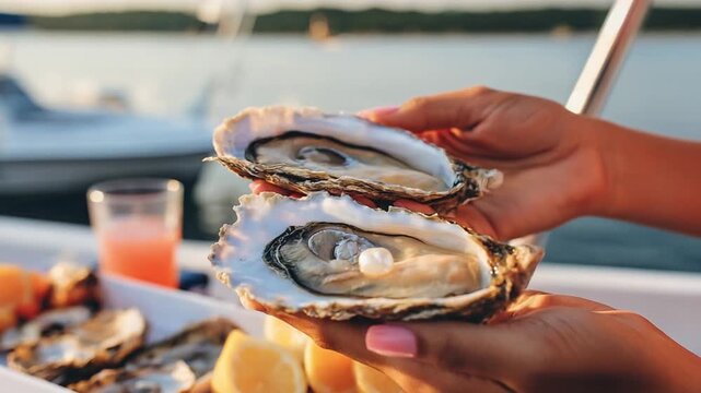 Oyster delicacy on a Yacht: A close-up view unveils a succulent open oyster, meticulously held, ready to be enjoyed amidst the serene backdrop of the open sea on yacht.