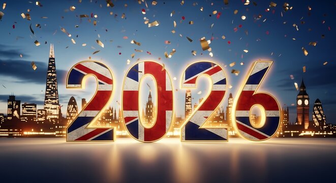 The year 2026 in london with the union jack flag and confetti falling