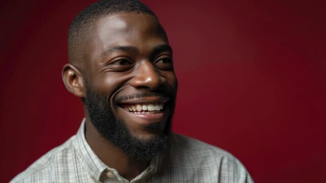A dark-skinned person with a beard and short hair smiles broadly looking right against a solid red backdrop wearing a light plaid shirt