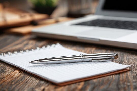 Business concepts illustrated with a pen on a notepad next to a white laptop on a wooden table in a cozy workspace during daytime hours