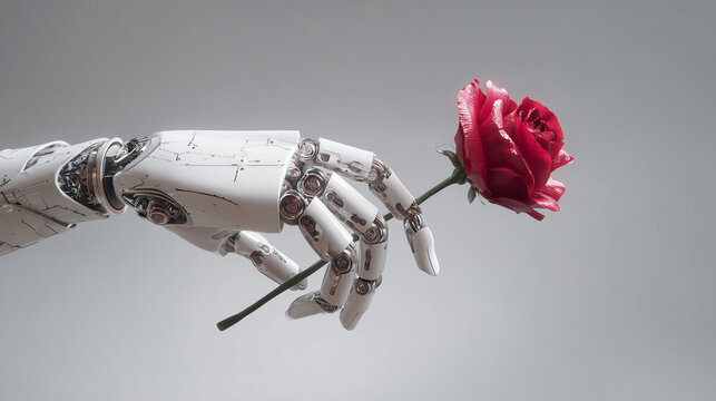 une mains robot tenant une rose 