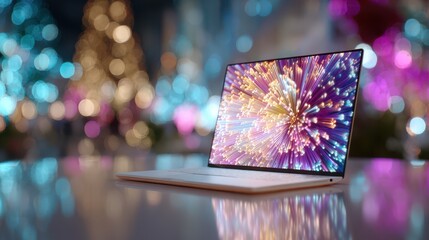 Laptop displaying a vibrant fireworks display against a festive bokeh background, perfect for holiday promotions and digital celebrations