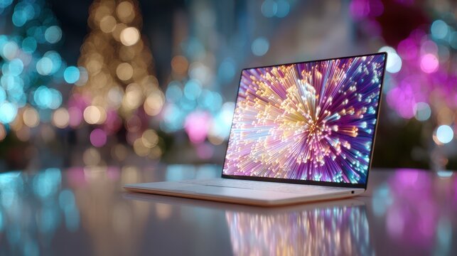 Laptop displaying a vibrant fireworks display against a festive bokeh background, perfect for holiday promotions and digital celebrations