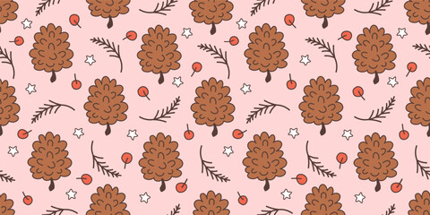 cute hand drawn cartoon pinecone with branch, stars, winter red berries horizontal seamless vector pattern background illustration for christmas holiday
