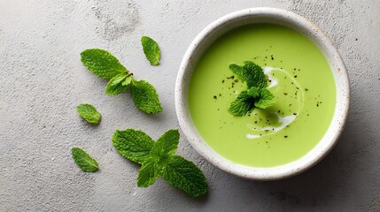 A minimalist flat lay of green pea soup with mint, on neutral concrete surface