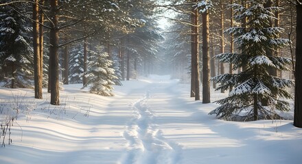 Snowy forest path with footprints, serene winter landscape