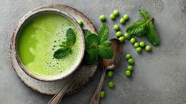 A minimalist flat lay of green pea soup with mint, on neutral concrete surface - Powered by Adobe