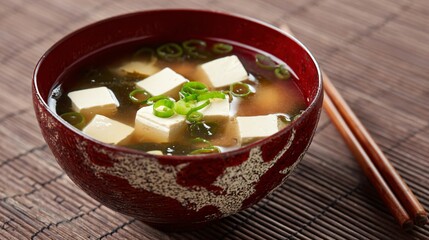 A miso soup with tofu and scallions, minimal Japanese style, neutral paper backdrop