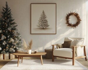 Minimalist Christmas wall art mockup featuring a stylized tree sketch and handwritten text