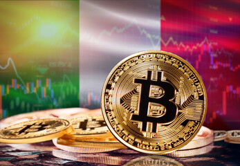 Bitcoin with Italian flag in the background. Investors in cryptocurrency and Blockchain Technology in Italy, Concept