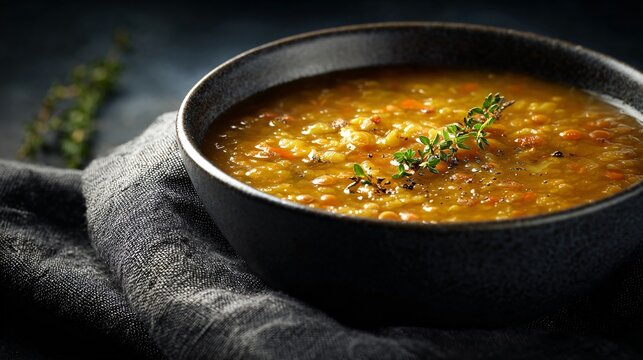 A spiced lentil soup, ceramic bowl, dark gray linen, gentle backlight