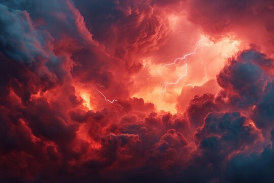 Vivid red lightning strikes through dark clouds creating a dramatic, abstract background suitable for artistic expressions or graphic design needs