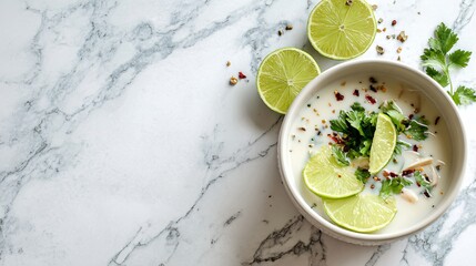 Thai coconut soup with lime and chili, marble surface, clean minimal styling