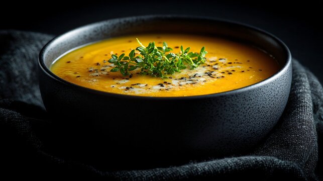 A sweet potato soup in matte black bowl, soft winter lighting, simple styling