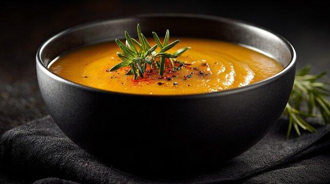 A sweet potato soup in matte black bowl, soft winter lighting, simple styling