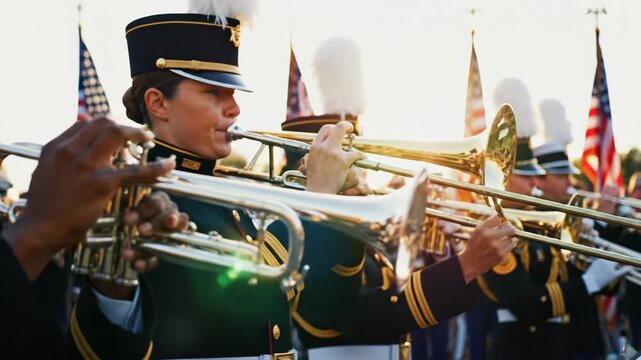 Diverse military brass band performs patriotic music at a public event. Veterans day commemoration with marching band in uniform.