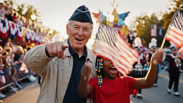 An elderly man and a young black girl joyfully wave american flags at a patriotic parade. Veterans day celebration with generational connection.