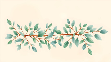 Watercolor Eucalyptus like Branch – Lush Green Leaves on Beige Paper Background