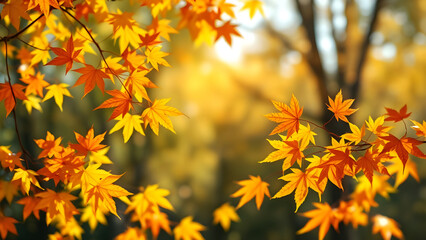 Yellow Leaves with Blurry Autumn Forest – Vertical Fall Banner with Copy Space