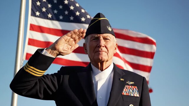 Elderly caucasian man in veterans uniform saluting against an american flag. Memorial day tribute representing honor and service.