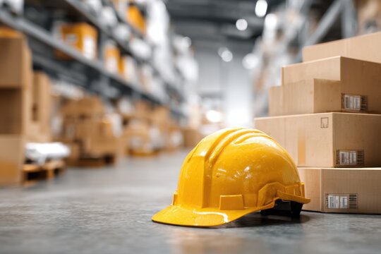 Safety practices emphasize the importance of wearing gloves and using a bright yellow safety helmet in a warehouse environment