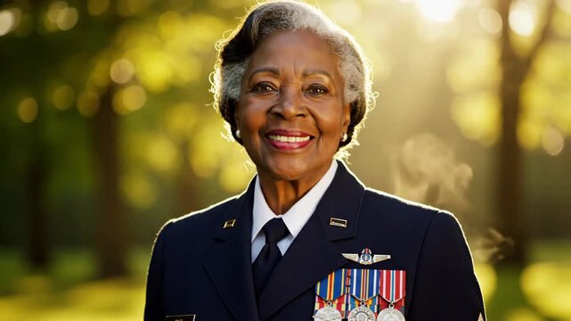 Veteran woman outdoor portrait. Happy african american female in military uniform with medals. Commemoration of veterans or memorial holiday.